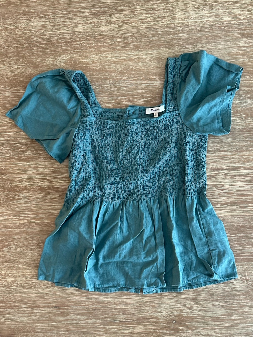 Madewell Teal Smocked Square-Neck Peplum Top